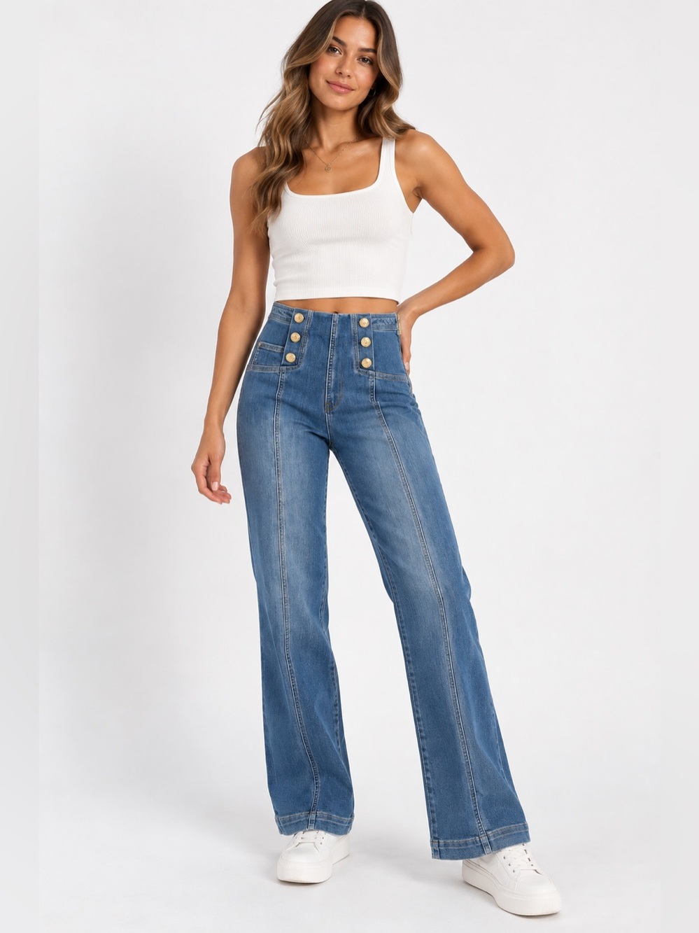 Liu Jo Size 28 Light Wash High Rise Sailor Jeans Gold Button Wide Leg